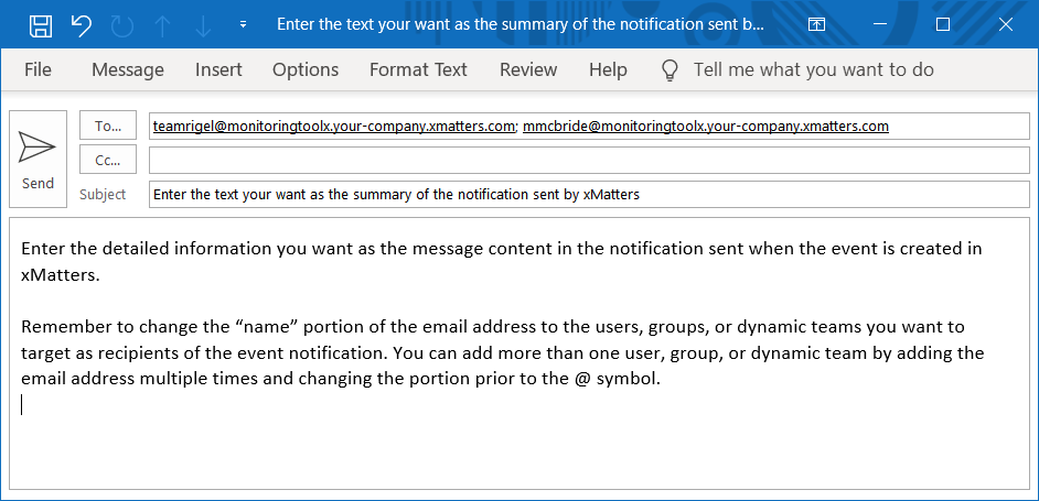 Image of a Microsoft Outlook 'New Email' window. Message body contains text instructions on how to compose the email.