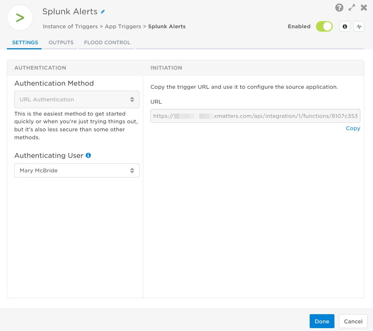 The Settings tab of the Splunk Alerts step. The Initiation section on the right contains the configuration URL. 
