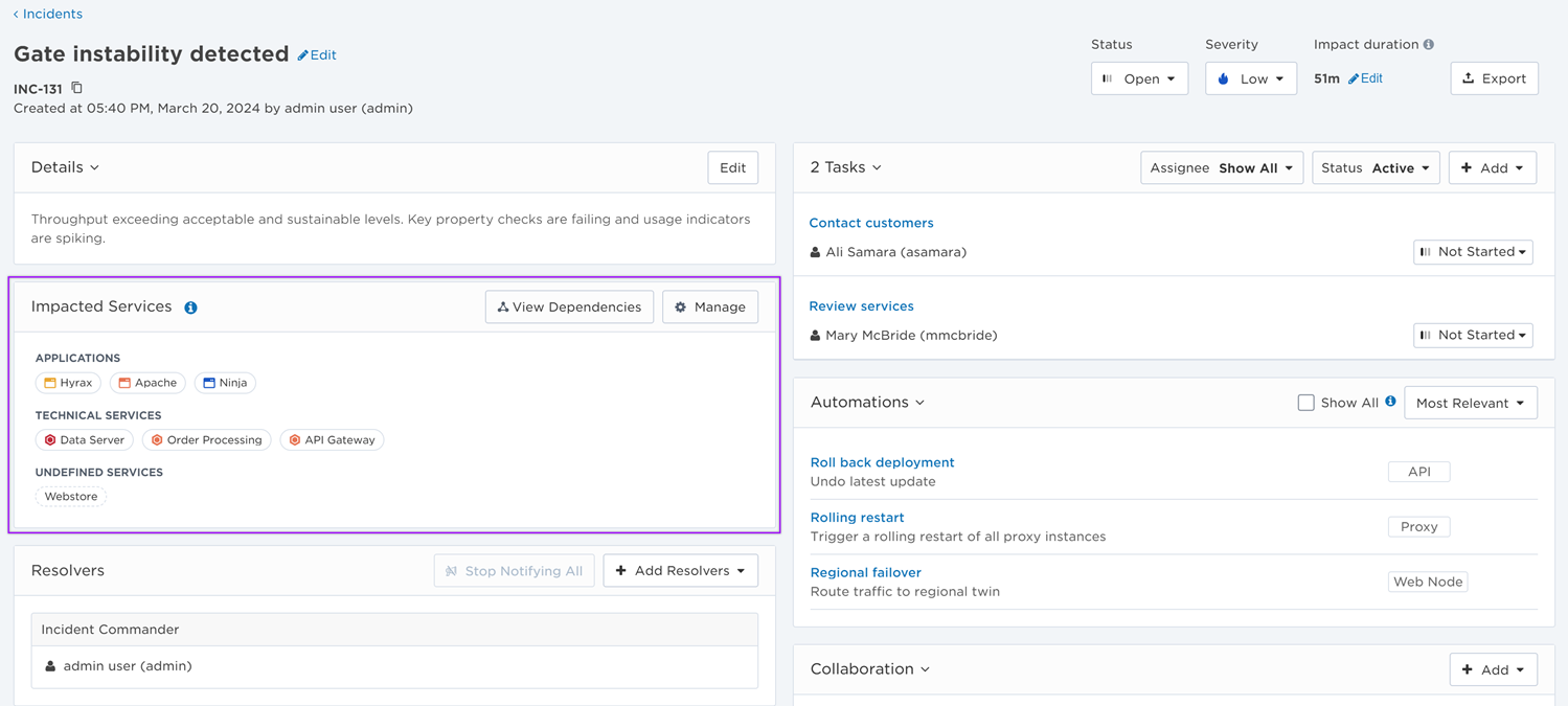 Screen capture of the Incident Console with the Impacted Services section highlighted.