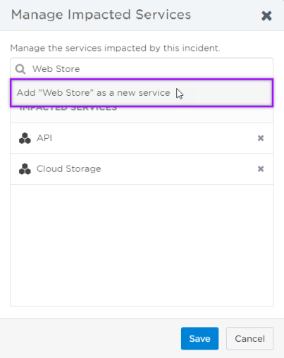 Screen capture of the Manage Impacted Services modal highlighting how to add a new service.